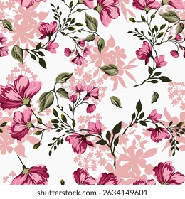 Sweet pink flowers. Small vintage style flowers. Hand drawn seamless pattern on a romantic soft background. Designed for fabric, fashion, textiles, wallpaper, gift wrapping.