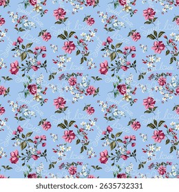 Sweet pink flowers. Small vintage style flowers. Hand drawn seamless on blue background. Designed for fabric, fashion, textile, wallpaper, gift wrapping.
