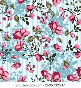 Sweet pink flowers. Small vintage style flowers. Hand drawn seamless on blue background. Designed for fabric, fashion, textile, wallpaper, gift wrapping.