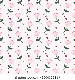 Sweet pink flowers and tiny heart background. Beautiful flowers seamless pattern.