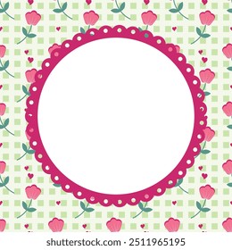 Sweet pink flowers and tiny heart grid poster notepad background. Beautiful flowers seamless pattern.