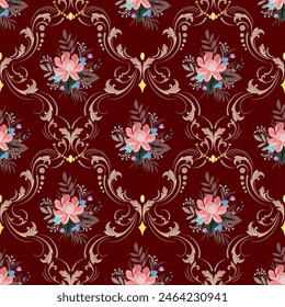Sweet pink flowers in a vintage Baroque style combined with Louis patterns. on a dark red background Seamless for digital printing, textiles, wallpapers.