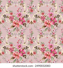 Sweet pink flowers Vintage Baroque style combined with Louis patterns. On a light pink background, seamless for digital printing, textiles, wallpaper.