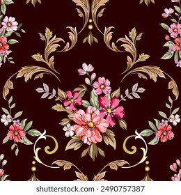 Sweet pink flowers Vintage Baroque style combined with Louis patterns. On a red-brown background, seamless for digital printing, textiles, wallpaper.