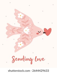 A sweet pink folk-style bird, adorned with subtle floral patterns, flies gracefully while holding a red heart in its beak. The tender message "Sending love" at the bottom makes this illustration