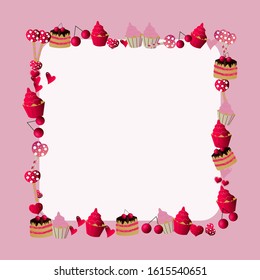 Sweet pink frame with cupcakes, sweets and hearts in vector design