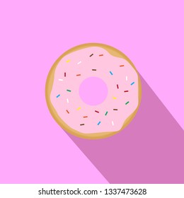 Sweet pink glazed donut with topping on pink background vector icon with long shadow