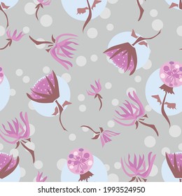 Sweet pink and grey vector repeating beautiful scatter floral pattern with polka dots