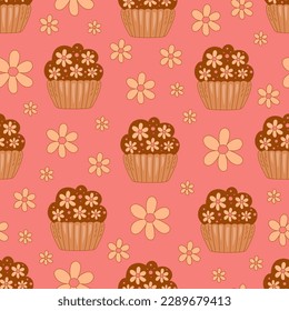 Sweet pink groovy seamless pattern. Retro style greeting background with desserts and flowers. Girly hand drawn design for woman, textile, party, birthday, pastry packaging