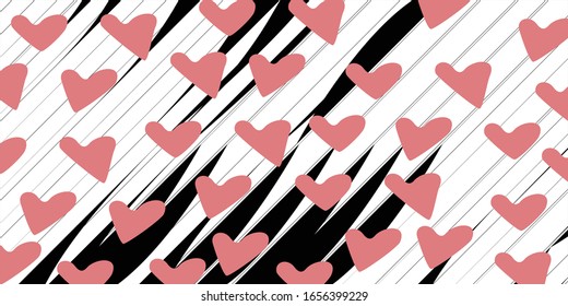 Sweet pink hearts on black stripes, vector background, wallpaper design