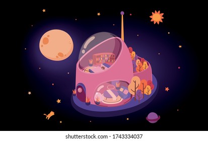 Sweet Pink Home with Glass Roof in Galaxy, Fantasy House, vector, Illustration,