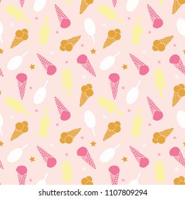Sweet pink ice cream seamless pattern. Great for yummy summer dessert wallpaper, backgrounds, packaging, fabric, scrapbooking, and giftwrap projects. Surface pattern design.