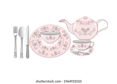Sweet pink kitchen household cutlery tea pot,teacup ,plate with spoon. Isolate on white background.Style vintage. Vector illustration.