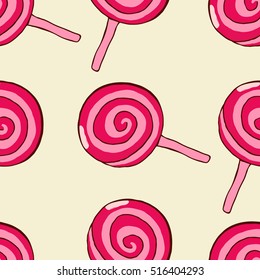 Sweet pink lollipops vector seamless pattern.