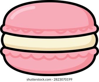 A sweet pink macaron cookie with a creamy filling, depicted in a simple, cartoon style illustration, perfect for desserts and confectionery themes.