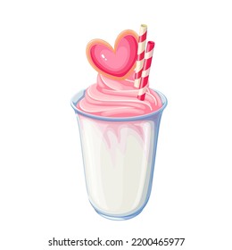 Sweet pink milkshake vector illustration. Cartoon isolated whipped strawberry cream or soft ice cream, heart cookie and candy spiral decor on milk or yogurt creamy drink in glass, summer dessert