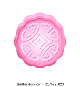 Sweet pink mooncake with pattern design isolated on white backdrop. Traditional chinese food on Mid Autumn festival. Pastry round dessert or pie. Decor for fall eastern holidays. Vector illustration