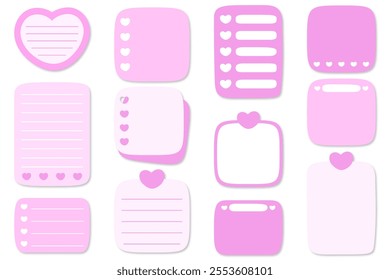 Sweet Pink Note Paper Set. A Lovely Collection of Pastel Pink Vector Designs, Perfect for Adding a Romantic and Elegant Touch to Your Valentine's Day Notes, Planners, and Crafts.