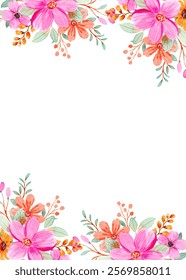 Sweet pink and orange flower border, watercolor floral frame for design.