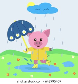 Sweet pink pig with an umbrella, in a raincoat and boots, jumps in puddles in the rain./Mumps in the rain with an umbrella. 