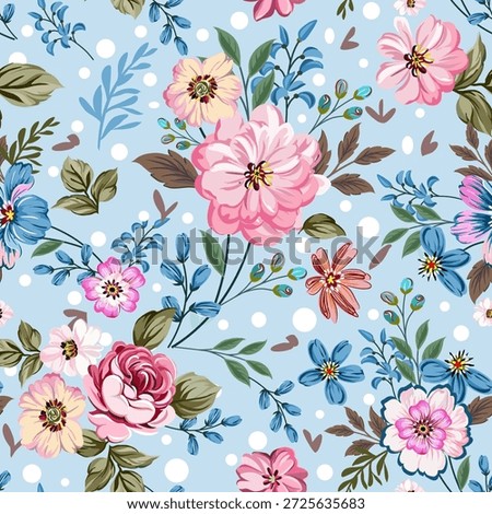 Sweet pink roses mixed with soft, lovely, vintage flowers, seamless hand drawn pattern on romantic light blue background. Designed for fabric, fashion, textiles, wallpaper and gift wrapping paper.