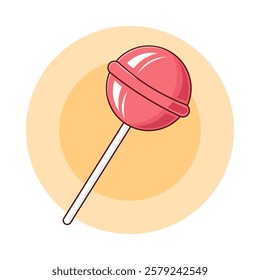 Sweet pink round lollipop candy on stick on yellow background. Vector flat illustration