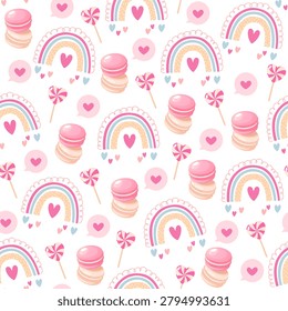 Sweet Pink Seamless Pattern with Boho Rainbows, French Macarons Stack and Heart Lollipops, Cute Vector Repeat Background for Kids Fabric, Baby Shower Decorations, Nursery Wallpaper and Wrapping Paper Design.