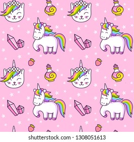 Sweet pink seamless pattern with white unicorns and rainbow cats. Vector print for fabric, textile, children's book, notebook, t-shirt.