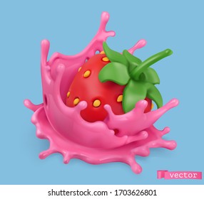 Sweet pink splash with strawberry. 3d realistic vector object