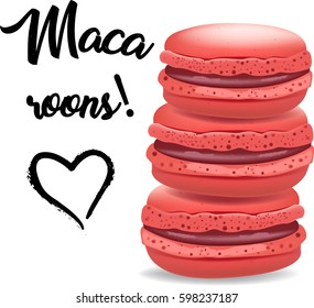 Sweet pink stacked  macaroons or macaron isolated on white background. Vector illustration
