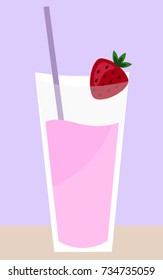 Sweet pink strawberry milkshake in glass on cafe or restaurant table. Vector cartoon flat art.