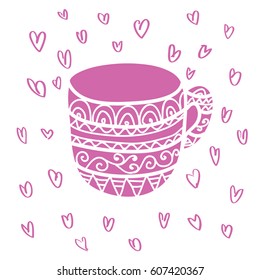Sweet pink tea and coffee mug doodle
vector illustration, hearts at the background, outline