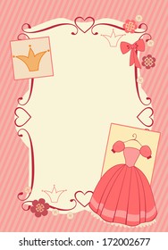 Sweet pink vertical frame with princess dress, crown and funny buttons
