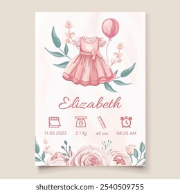 Sweet pink watercolor baby birth details template, perfect for nursery decor and new born gifts, celebrating the arrival of a baby girl with charming elements and beautiful design.