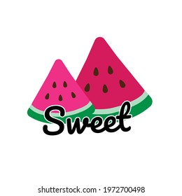 Sweet pink watermelon flat vector illustration, and sweet black text over white outline