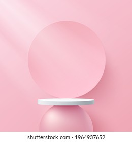 Sweet pink, white cylinder pedestal podium. Platform geometric shape. Sweet pink minimal wall scene with circle backdrop. Pastel color abstract room. Vector rendering 3d shape for Product presentation