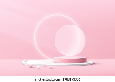 Sweet pink, white cylinder pedestal podium. Geometric shape platform. Circle neon backdrop. Minimal wall scene. Pastel color abstract room. Vector rendering 3d geometric shape for product presentation