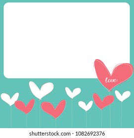 sweet pink and white hand drawn heart on mint green background with white box space for text, template of stick note