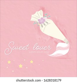 sweet piping cream decorate with pastel flowers.background pink paper vintage cute style.beautiful bakery idea design.nice frame for cafe and food school promote.cupcake and cake lover are happy. 