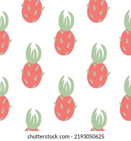 Sweet Pitahaya Hand Drawn Seamless Pattern. Repeat Background With Exotic Tropical Asian Fruits. Food Print For Textile, Packaging, Paper And Design. Dragon Fruit Template Vector Illustration