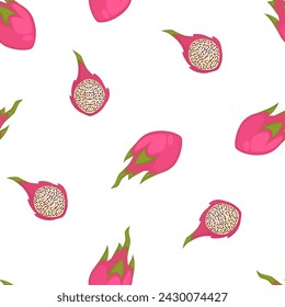 Sweet pitahaya, isolated pitaya slices and whole product with leaves. Tasty dragon fruit with seeds and soft flesh, exotic meal. Seamless pattern, wallpaper background print. Vector in flat style