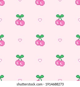 Sweet pixel art cherry with hearts icon seamless vector pattern. 8 bit design texture in retro style. Background for social media, branding, paper, web design and more. Trendy girlish fabric.