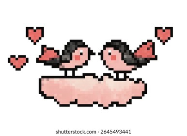 Sweet pixel art depicting two birds on a cloud surrounded by hearts celebrating love and affection. Vector.