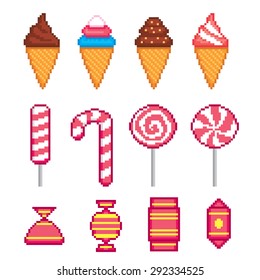 Sweet pixel icons set. Old school computer graphic style.