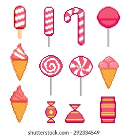Sweet pixel icons set. Old school computer graphic style.