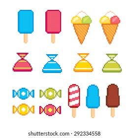 Sweet pixel icons set. Old school computer graphic style.