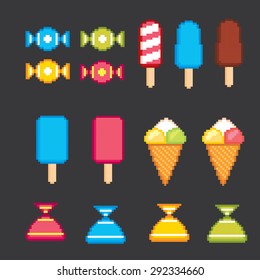 Sweet pixel icons set. Old school computer graphic style.