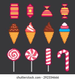 Sweet pixel icons set. Old school computer graphic style.
