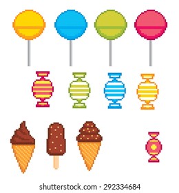 Sweet pixel icons set. Old school computer graphic style.