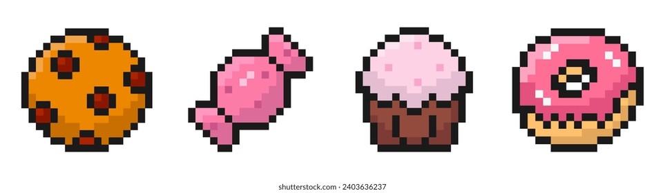 iconos de píxeles dulces, vintage, 8 bits, 80, 90 juegos, juegos de arcade de ordenador, galletas, dulces, quequitos, donut, ilustración vectorial